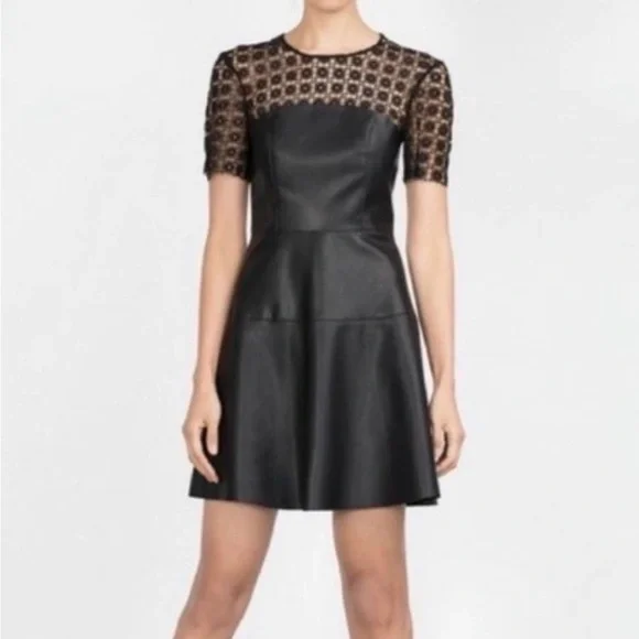 Zara Black Faux Leather Mini Dress with Lace Yoke. Sz 6 - Picture 3 of 4